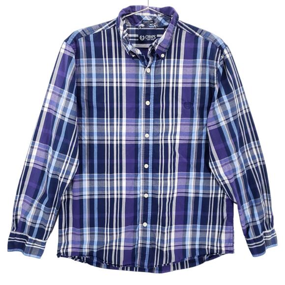 Chaps Custom Fit Shirt Mens Medium Blue Purple Plaid Long Sleeve Button Down - Picture 1 of 5